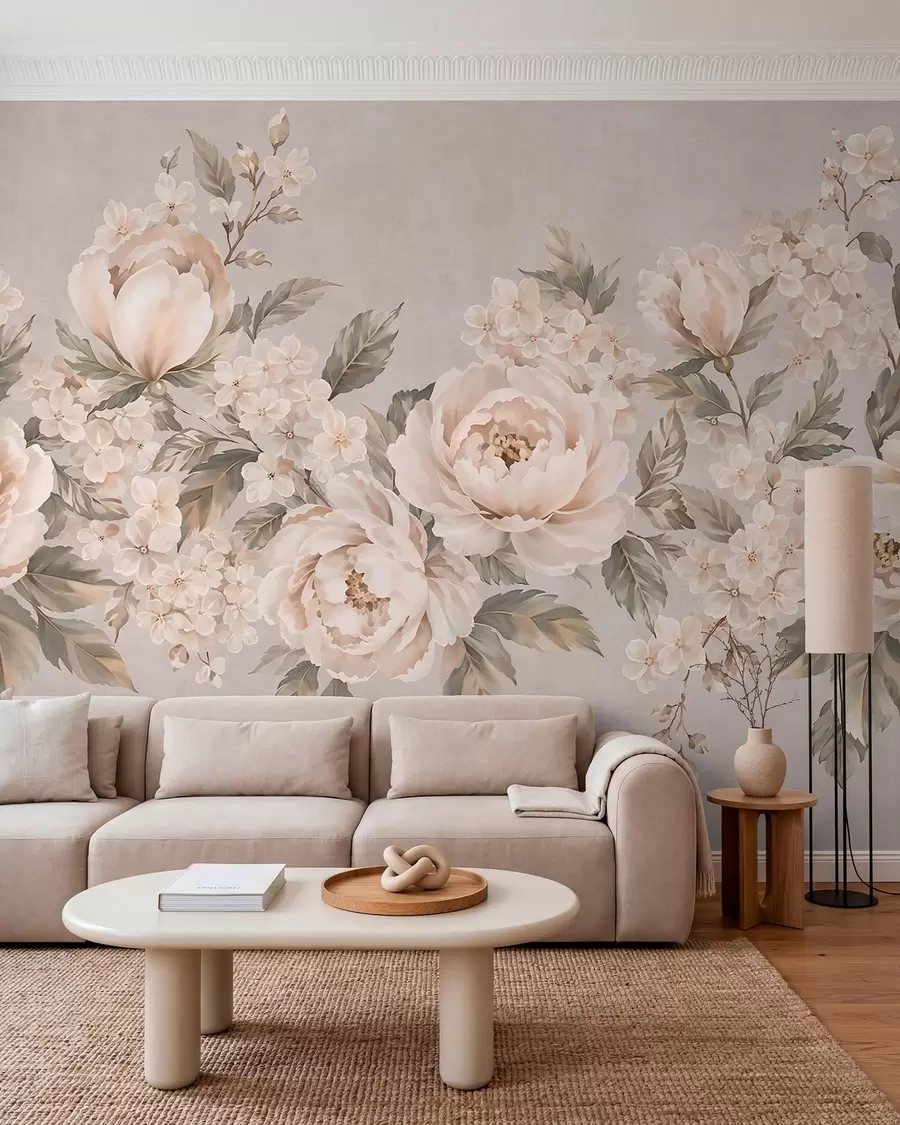 murales de pared Delicadas flores de color crema y hojas verdes en una gama de tonos pastel w05926