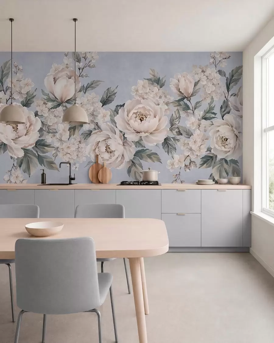 murales de pared Delicadas flores claras con hojas sobre un fondo azul w05926v1