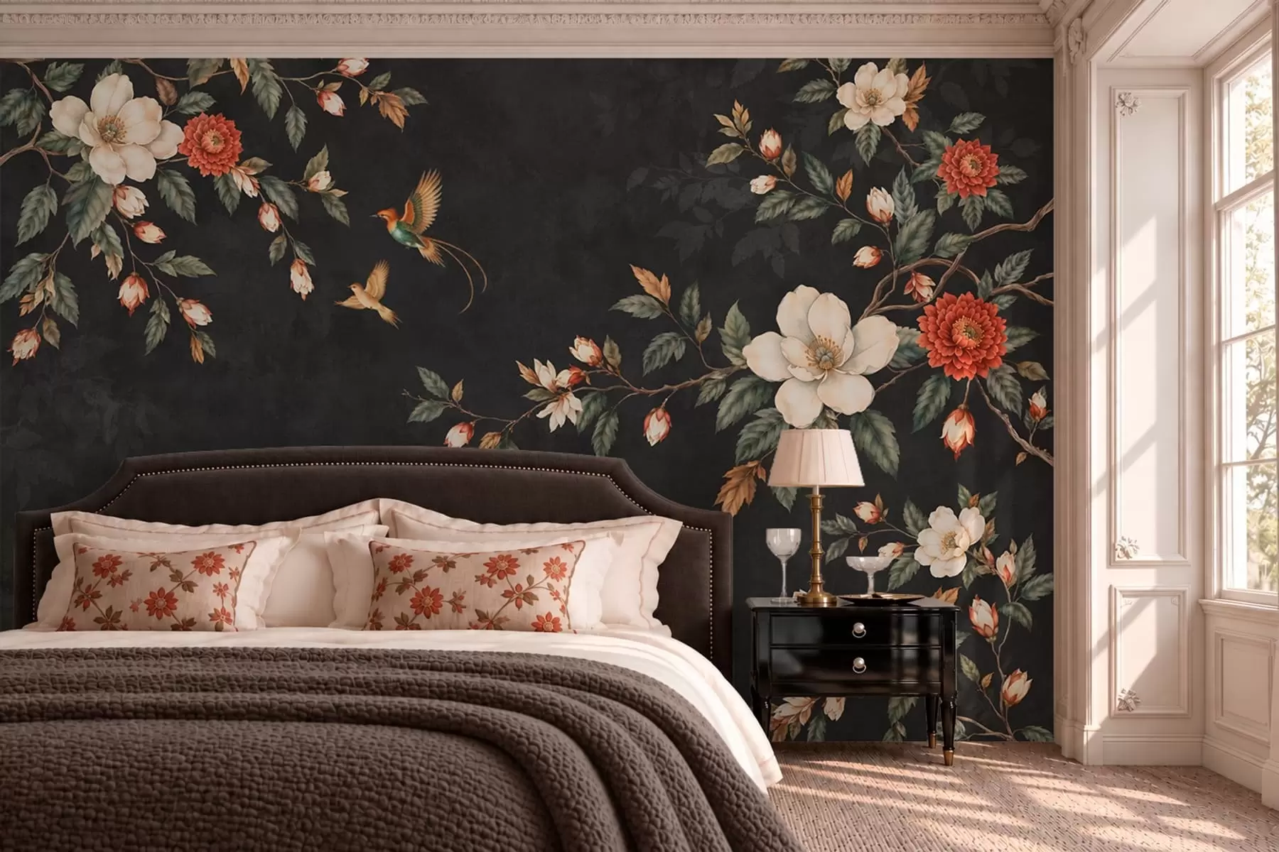 murales de pared Ramas en flor y dos pájaros sobre un fondo oscuro w05927