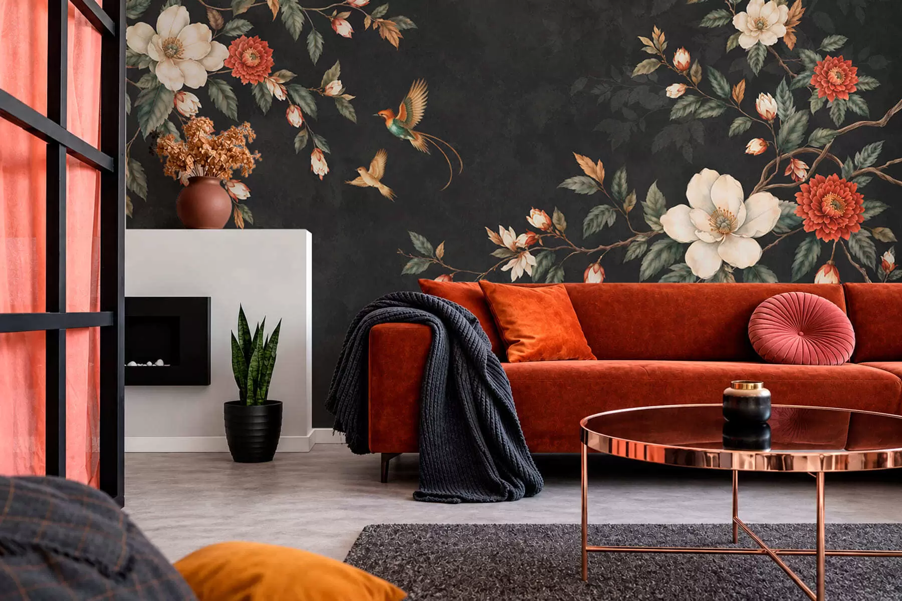 murales de pared Ramas en flor y dos pájaros sobre un fondo oscuro w05927