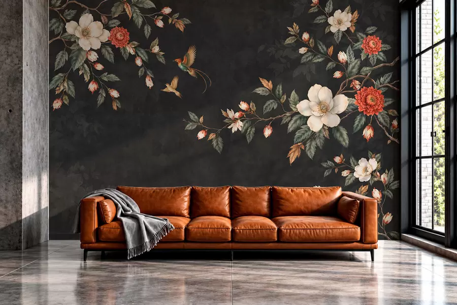 murales de pared Ramas en flor y dos pájaros sobre un fondo oscuro w05927