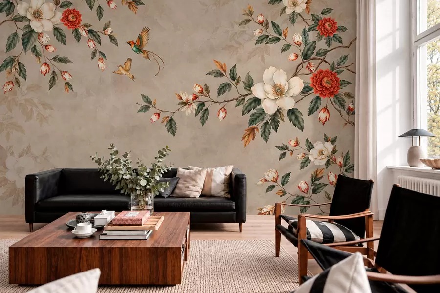 murales de pared Flores, hojas verdes y dos pájaros sobre un fondo claro w05927v1