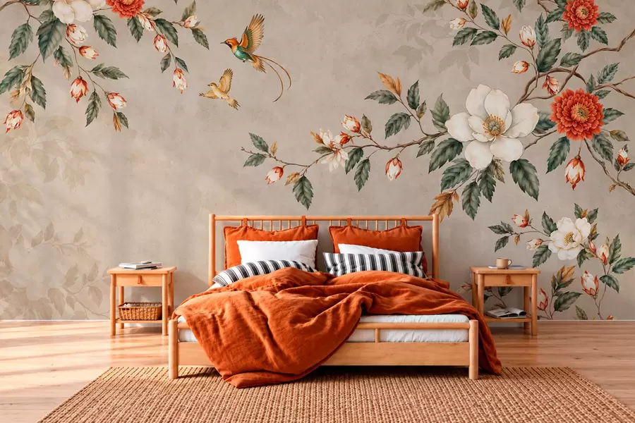murales de pared Ramas en flor y dos pájaros sobre un fondo beige w05927v2