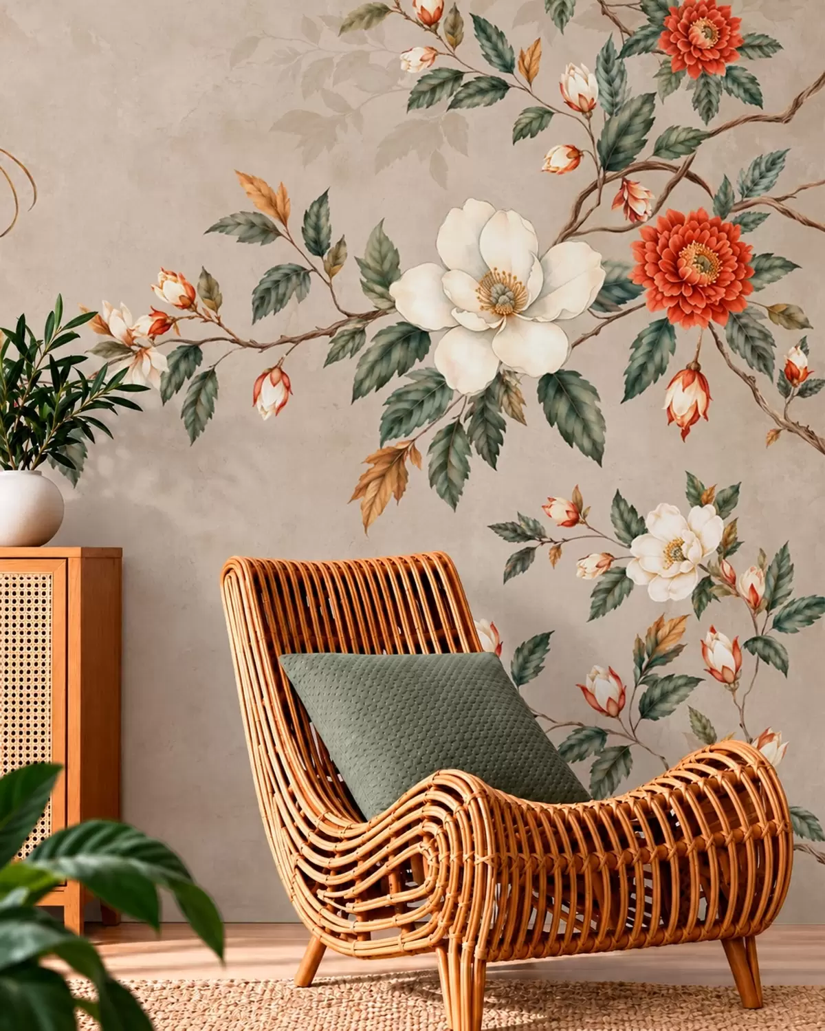 murales de pared Ramas en flor y dos pájaros sobre un fondo beige w05927v2