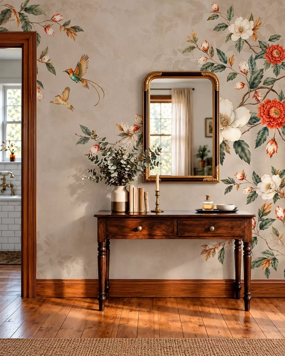 murales de pared Ramas en flor y dos pájaros sobre un fondo beige w05927v2