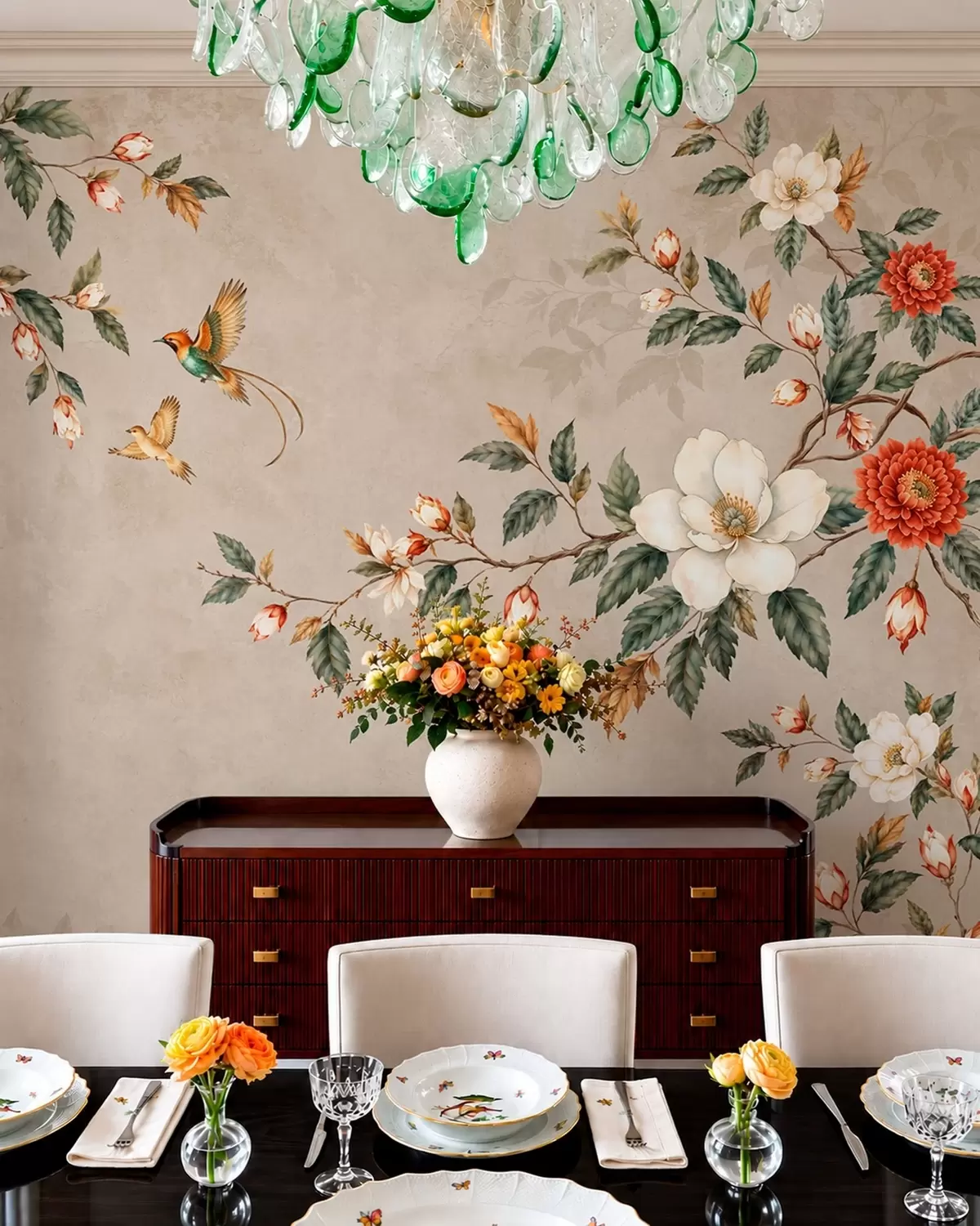 murales de pared Ramas en flor y dos pájaros sobre un fondo beige w05927v2