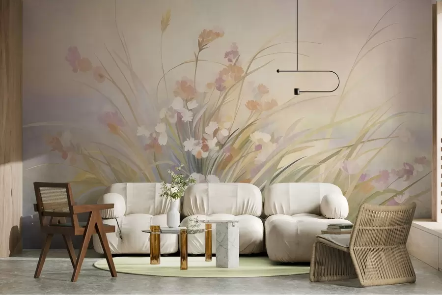 murales de pared Hierba alta y flores silvestres en suaves tonos pastel, obra de arte con textura w10062