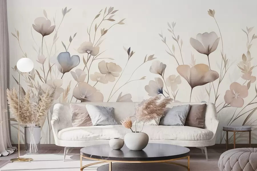 murales de pared Delicadas flores silvestres en tonos pastel de azul, rosa y beige, con hierba alta w10065