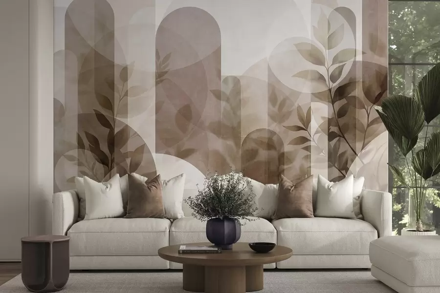 murales de pared Elementos geométricos abstractos y delicadas hojas en tonos apagados de marrón y beige w10088