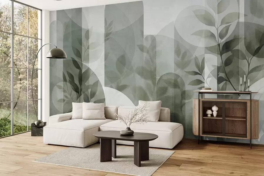 murales de pared Elementos geométricos abstractos y delicadas hojas en tonos verdes apagados w10088v1