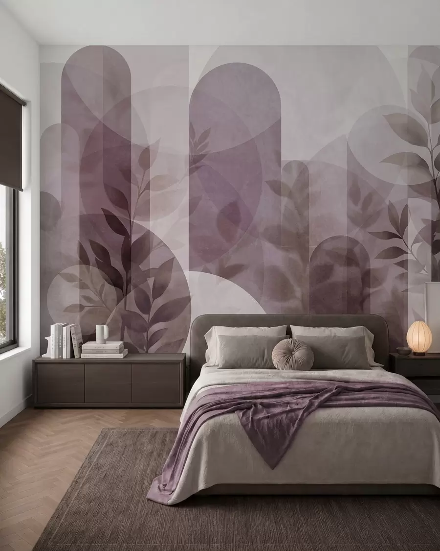 murales de pared Elementos geométricos abstractos y delicadas hojas en tonos rosas apagados w10088v2