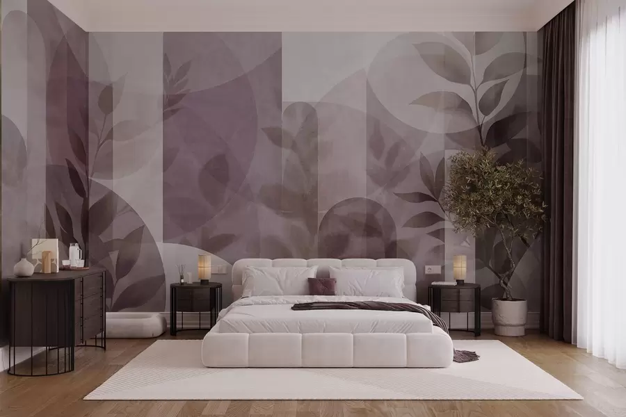 murales de pared Elementos geométricos abstractos y delicadas hojas en tonos rosas apagados w10088v2