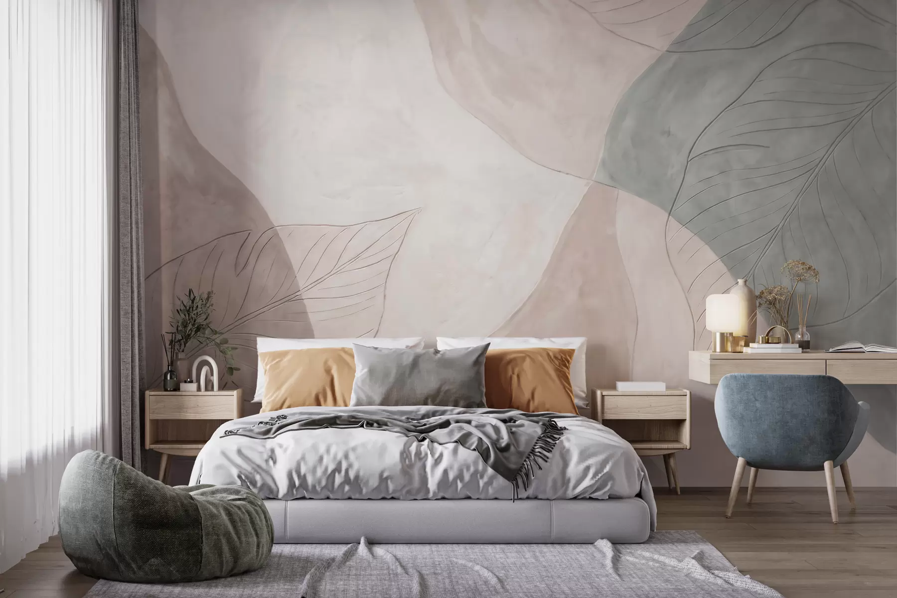 murales de pared Composición botánica abstracta con hojas grandes y formas orgánicas en tonos beige, crema y verde w10070