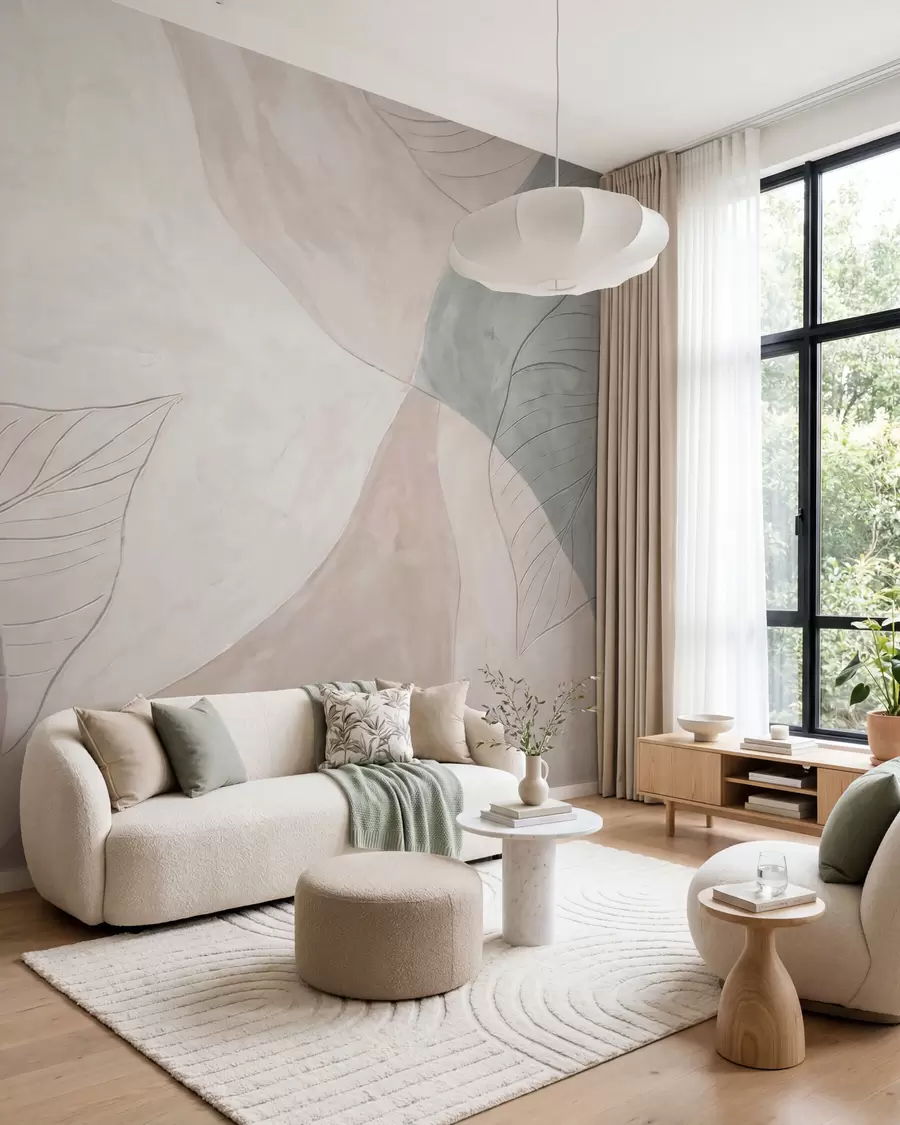 murales de pared Composición botánica abstracta con hojas grandes y formas orgánicas en tonos beige, crema y verde w10070