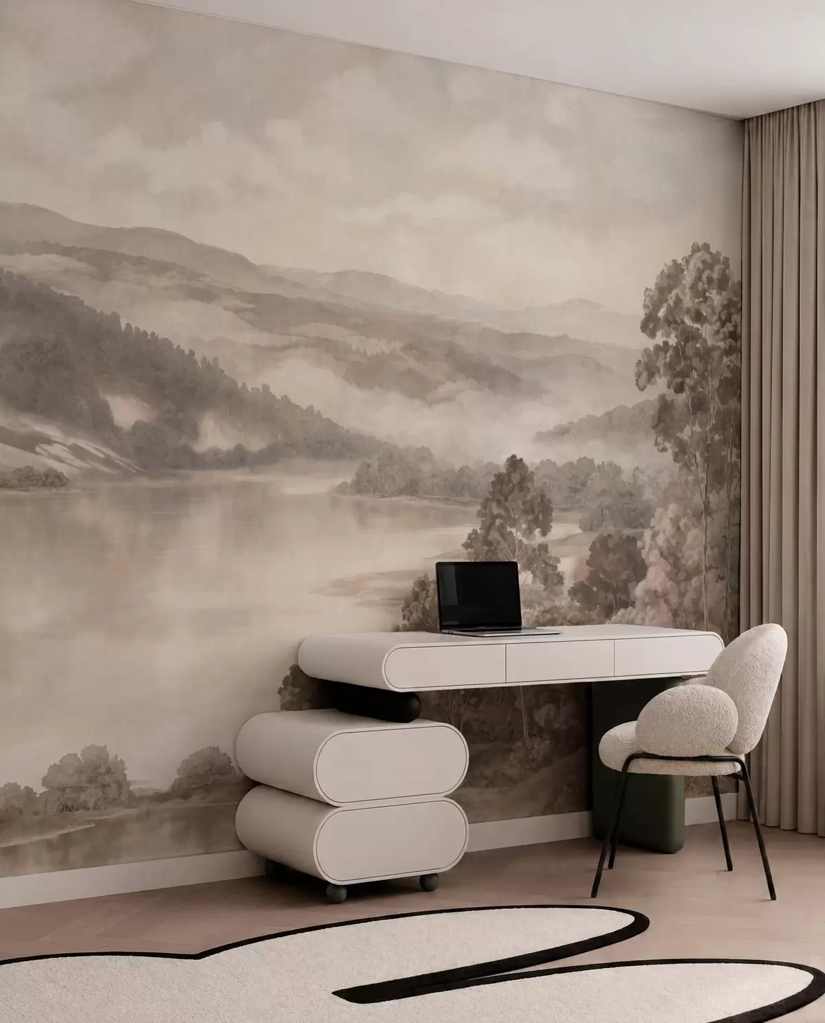 murales de pared Lago entre colinas brumosas w05928