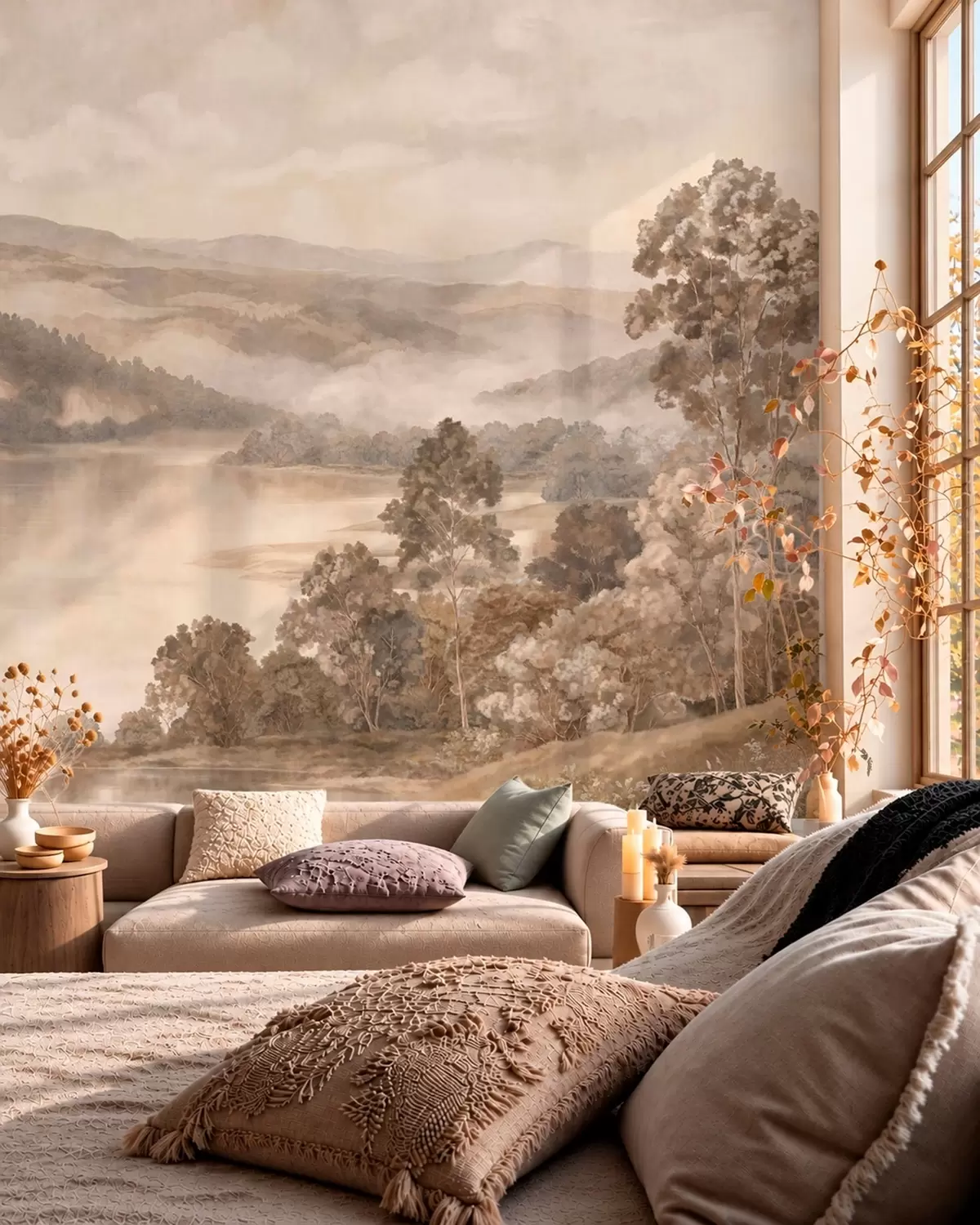murales de pared Un lago rodeado de montañas boscosas en cálidos tonos pastel w05928v1