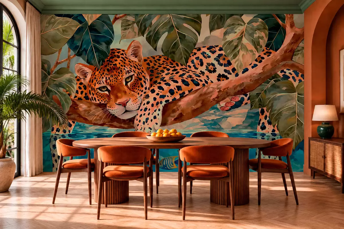 murales de pared Un leopardo entre hojas tropicales sobre el agua, junto a unos peces w05954v1