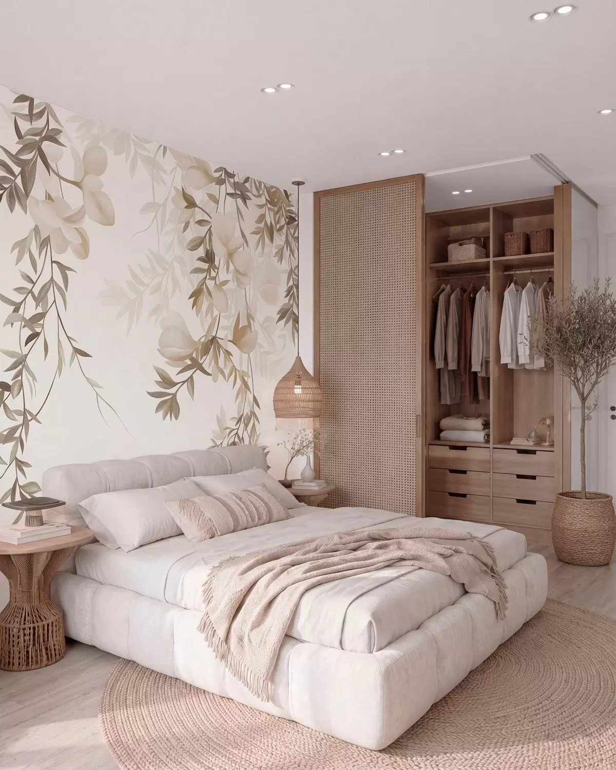 murales de pared Ramas de sauce colgantes y delicadas flores en tonos beige apagados w10081
