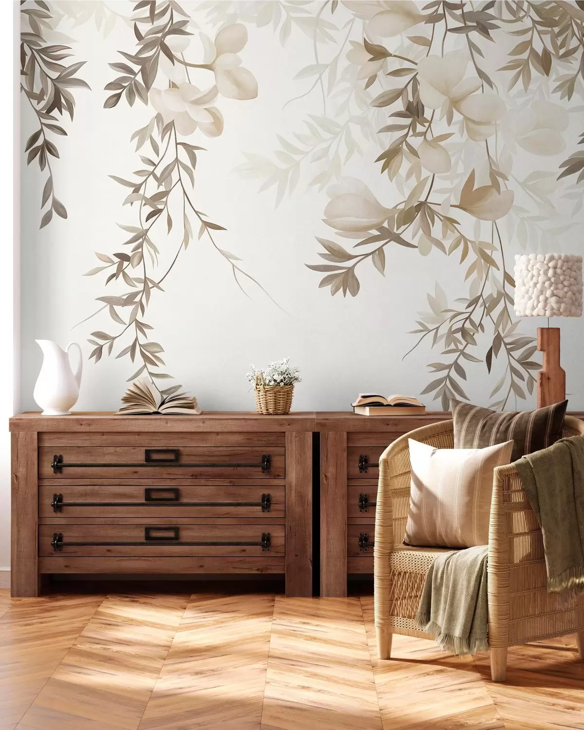 murales de pared Ramas de sauce colgantes y delicadas flores en tonos beige apagados w10081