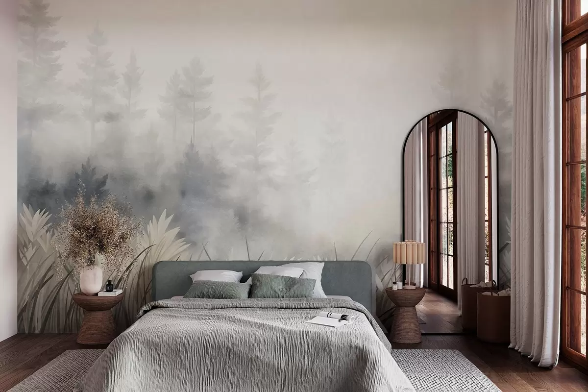 murales de pared Paisaje con hierba alta silvestre y un bosque de pinos, en un estilo minimalista con textura w10082
