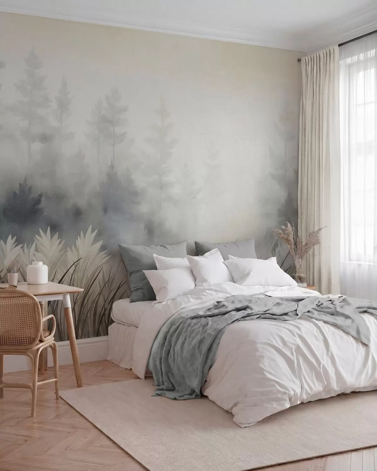 murales de pared Paisaje con hierba alta silvestre y un bosque de pinos, en un estilo minimalista con textura w10082