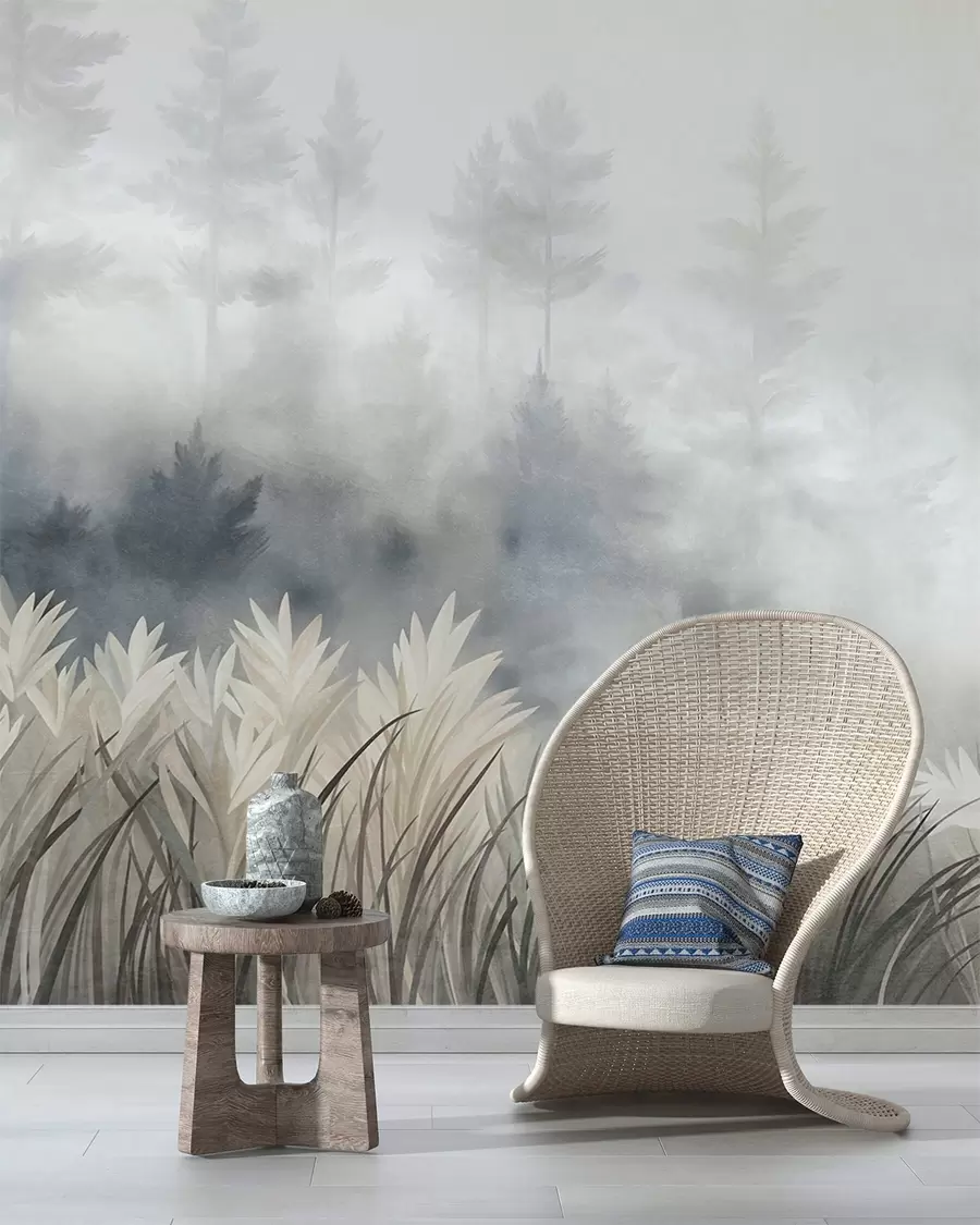 murales de pared Paisaje con hierba alta silvestre y un bosque de pinos, en un estilo minimalista con textura w10082