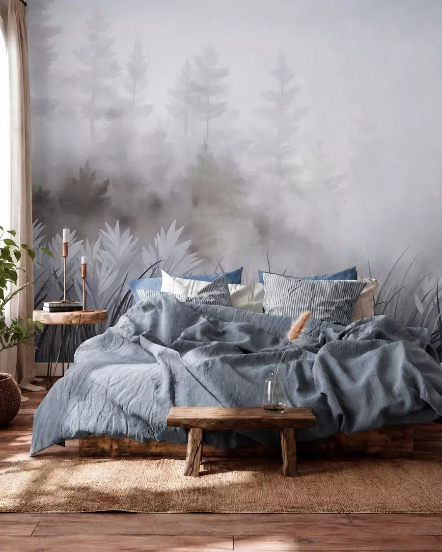 murales de pared Paisaje con hierba alta silvestre y un bosque de pinos, en un estilo minimalista con textura w10082v1