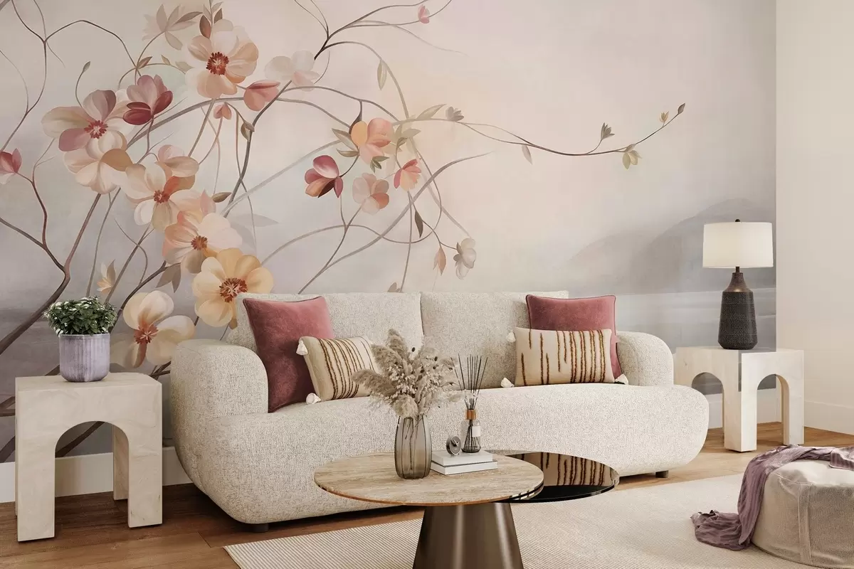 murales de pared Enredaderas con delicadas flores de color melocotón y crema w10083