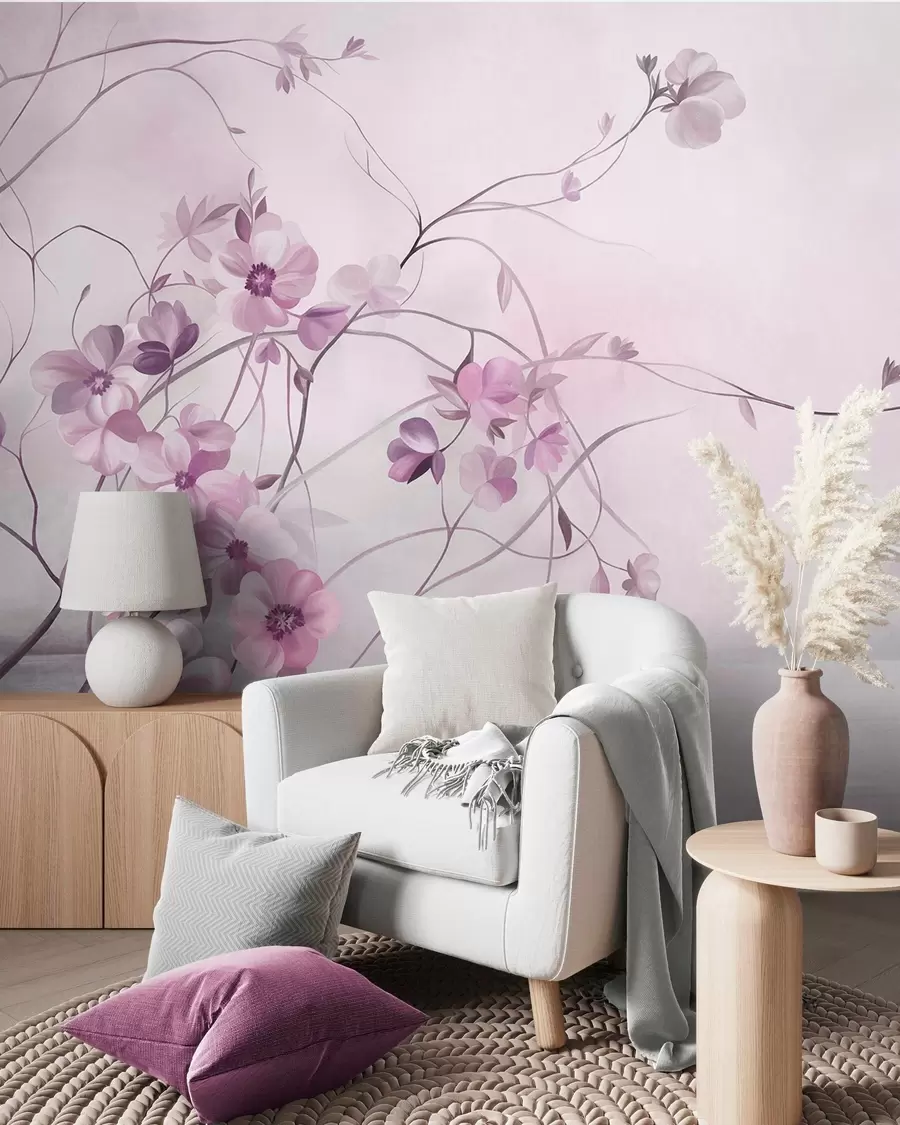 murales de pared Enredaderas sinuosas con delicadas flores de color rosa apagado w10083v1