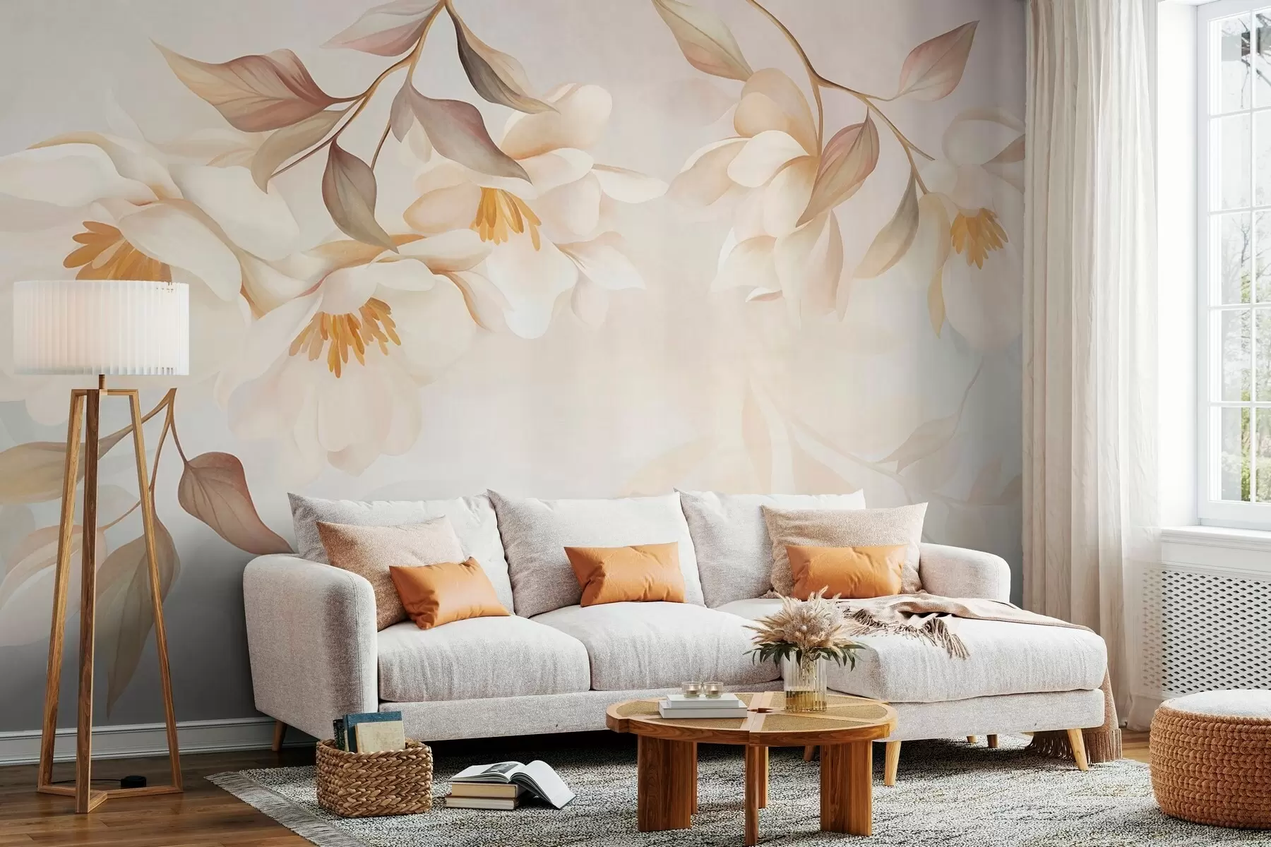 murales de pared Flores de magnolia con delicadas hojas marrones que cuelgan de las ramas w10086