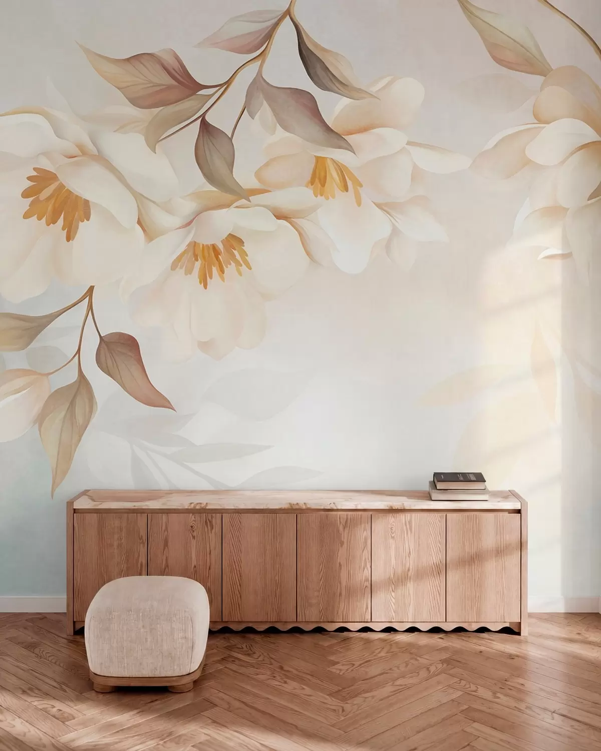 murales de pared Flores de magnolia con delicadas hojas marrones que cuelgan de las ramas w10086