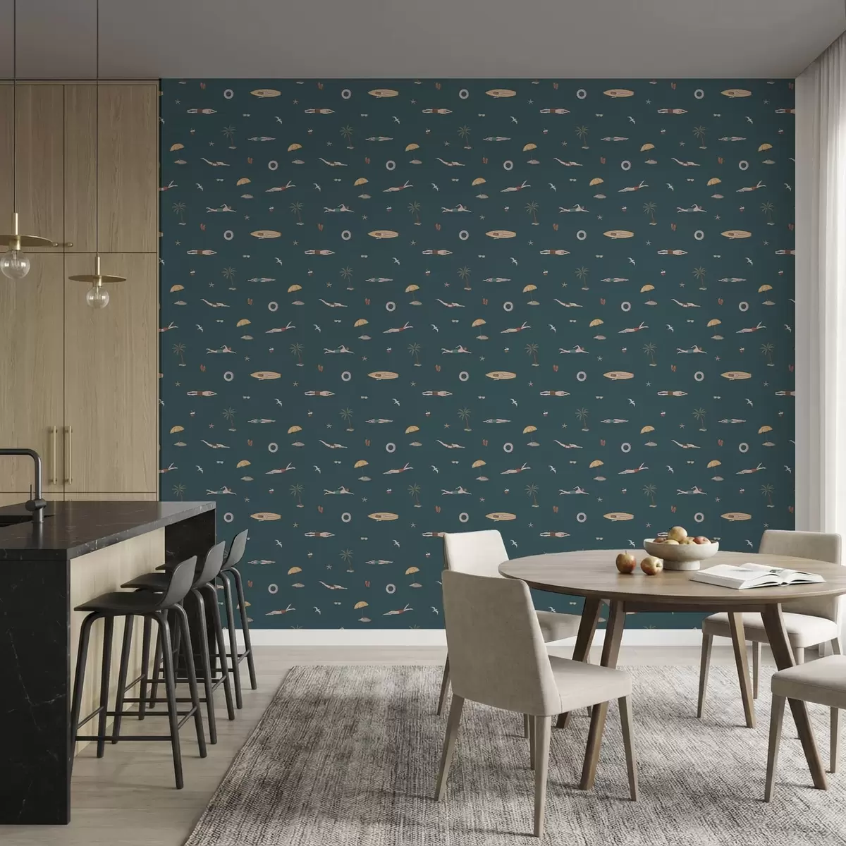 Papel pintado Nadadores, palmeras y accesorios de playa sobre un fondo azul oscuro a01276