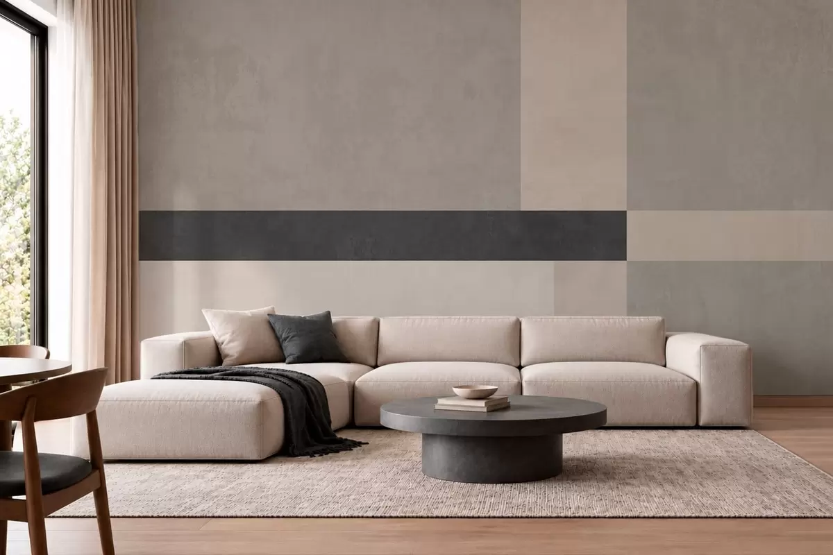 murales de pared Geometría abstracta con bloques de color beige y gris y una raya oscura w05891