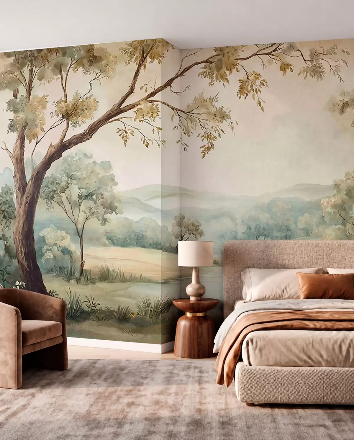 murales de pared Delicado paisaje con árboles, un lago y colinas en la lejanía w05957