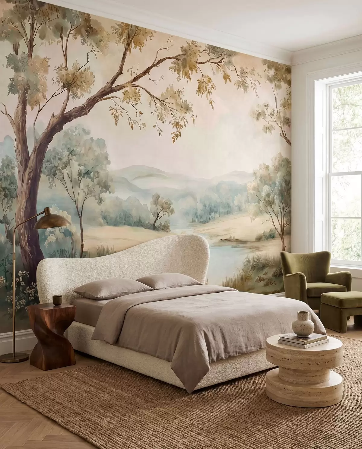 murales de pared Delicado paisaje con árboles, un lago y colinas en la lejanía w05957