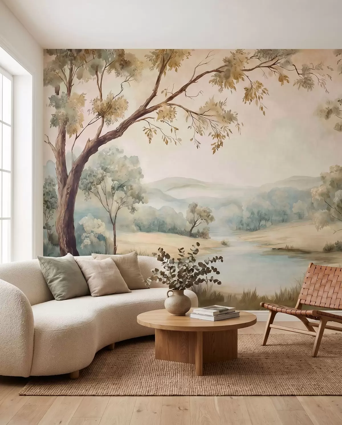 murales de pared Delicado paisaje con árboles, un lago y colinas en la lejanía w05957