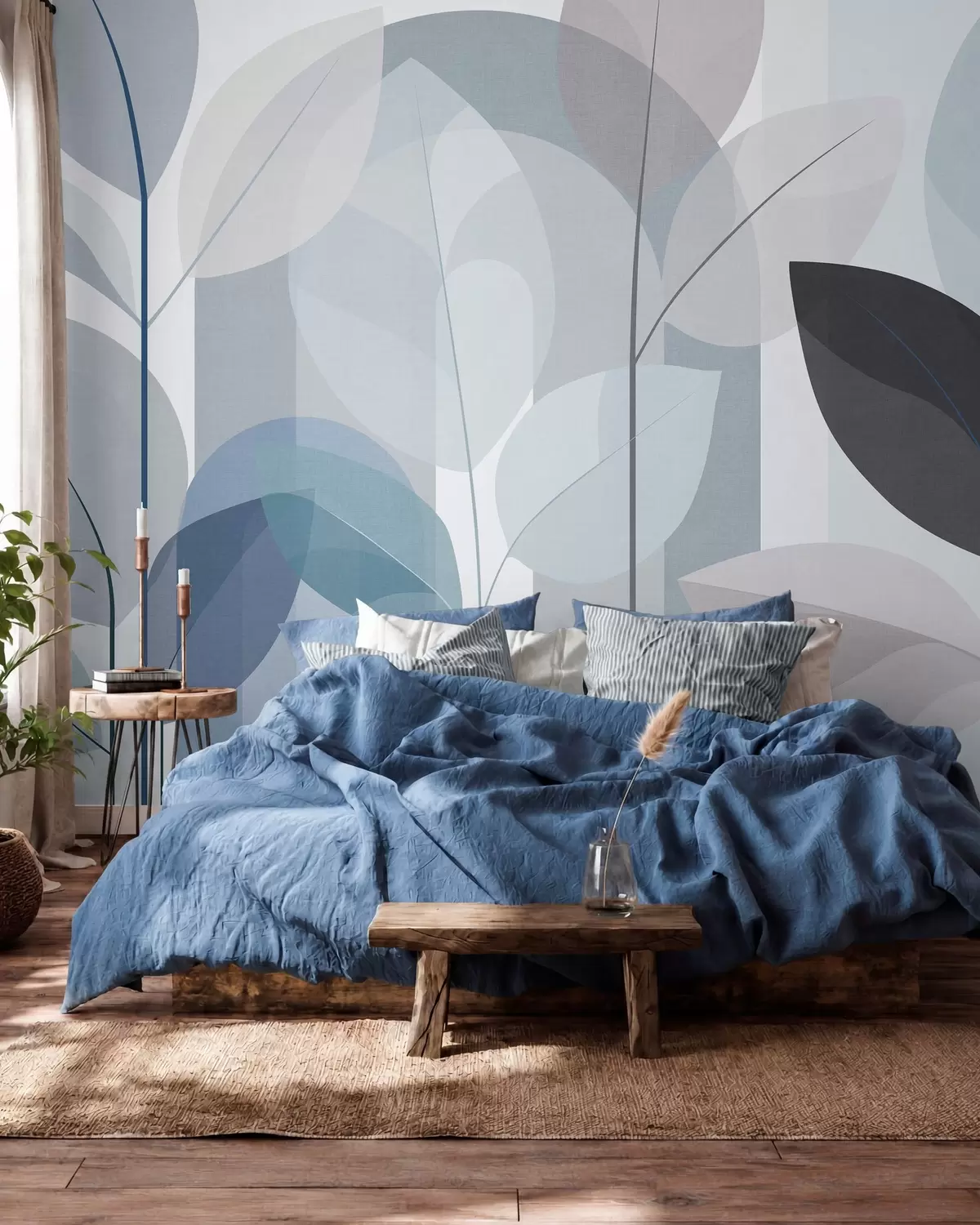 murales de pared un diseño abstracto con hojas en un estilo de tejido mate en tonos azules w05986v2