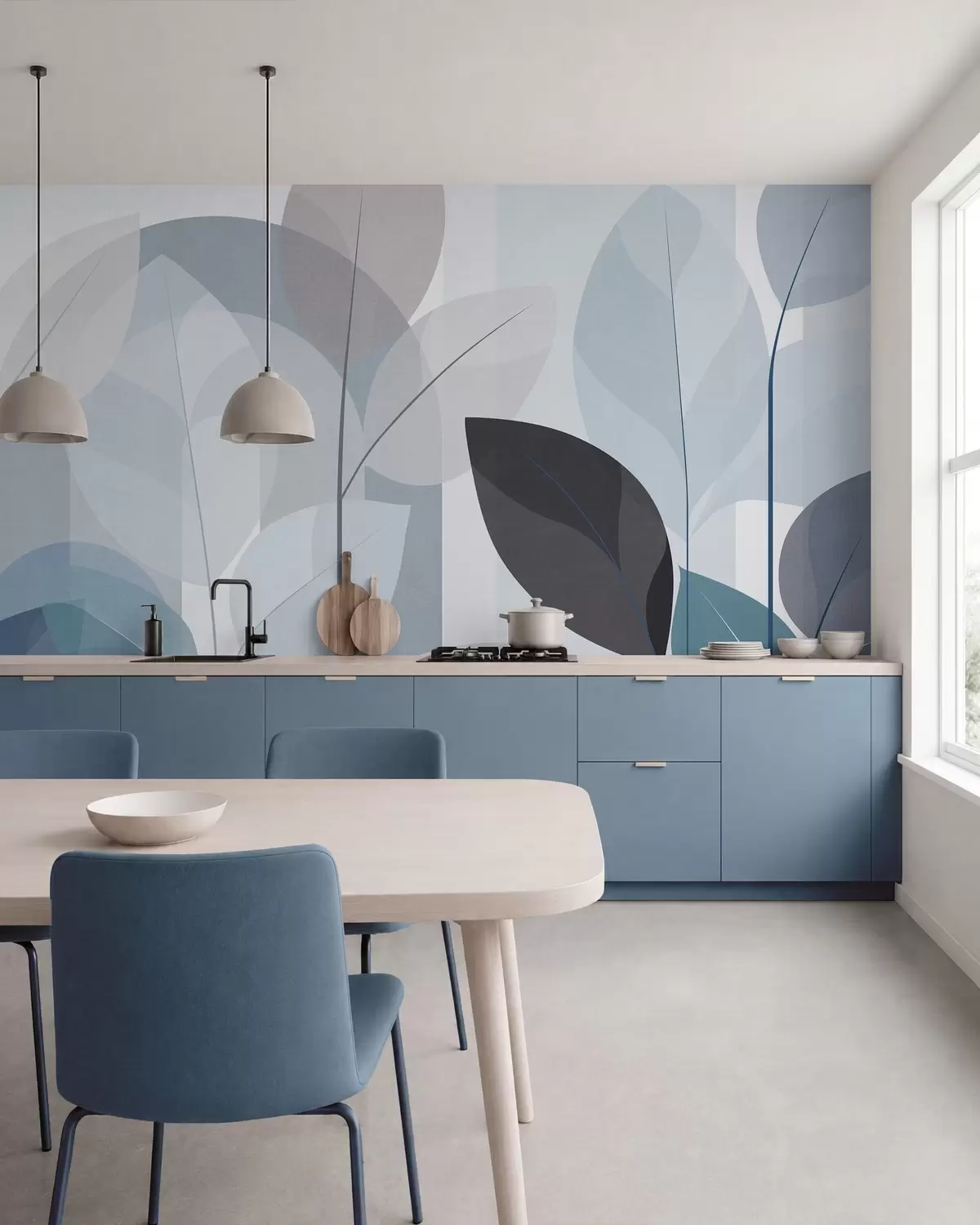 murales de pared un diseño abstracto con hojas en un estilo de tejido mate en tonos azules w05986v2