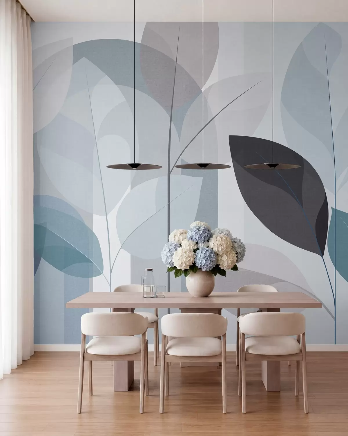 murales de pared un diseño abstracto con hojas en un estilo de tejido mate en tonos azules w05986v2