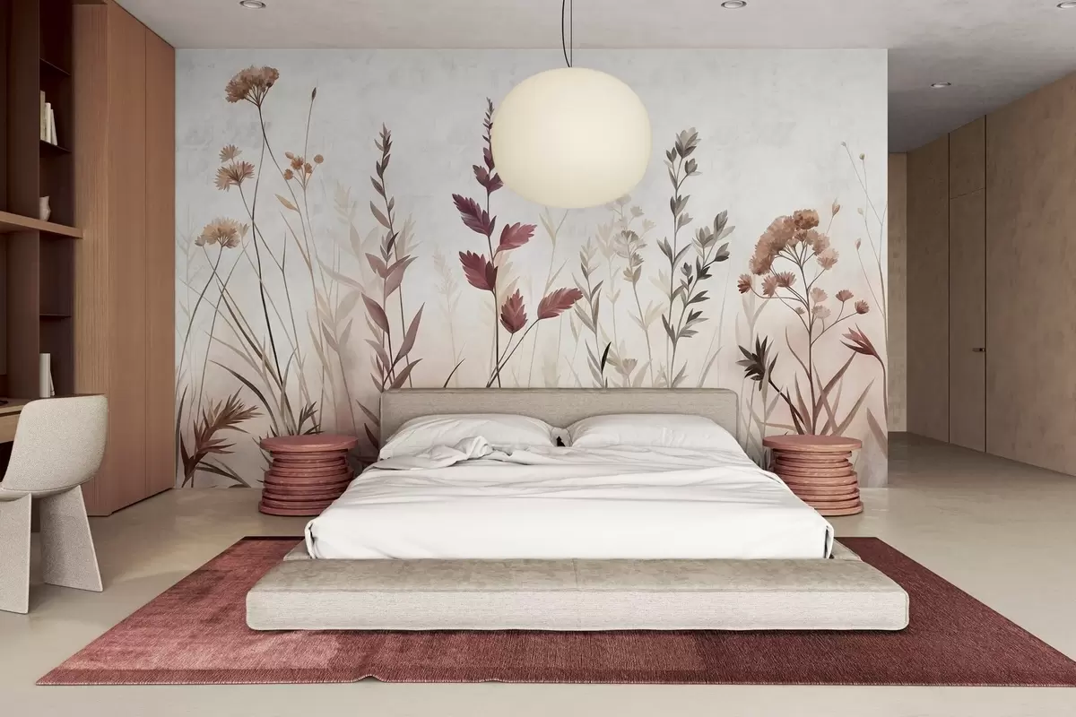 murales de pared Hierbas silvestres altas y flores silvestres en tonos tierra apagados, estética minimalista w10084