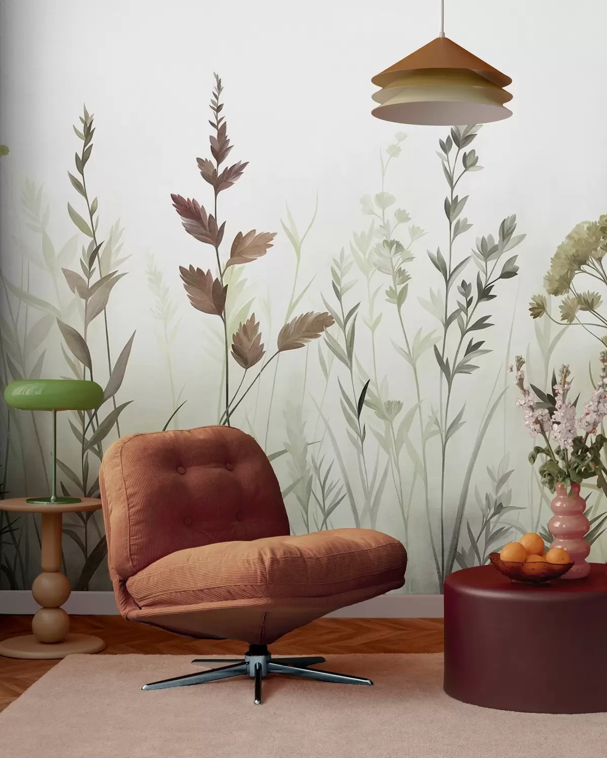 murales de pared Hierbas silvestres altas y flores silvestres en tonos verdes apagados, estética minimalista w10084v1