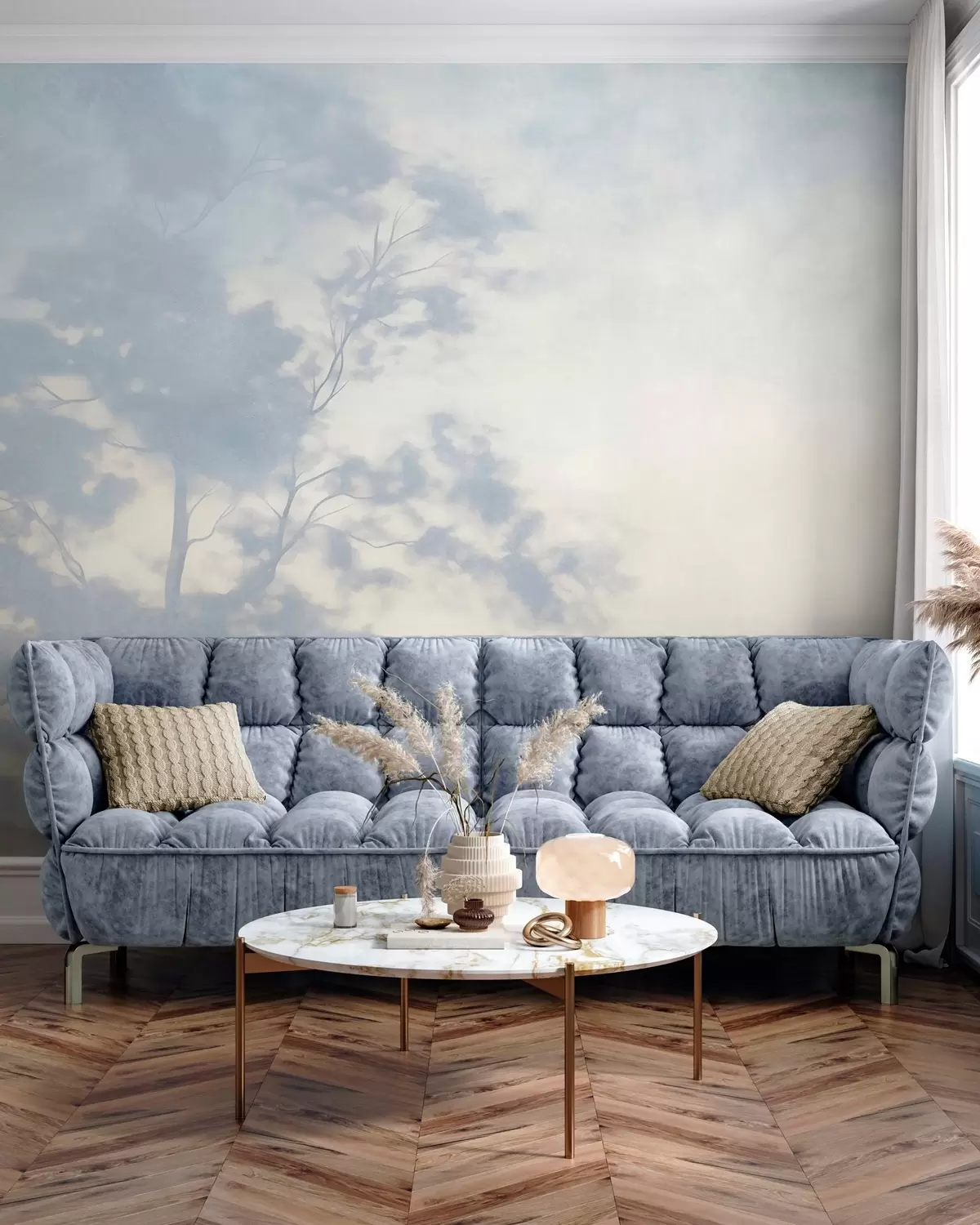 murales de pared Árbol con textura y ramas, sobre un fondo de color crema pálido y azul claro; arte minimalista w10108