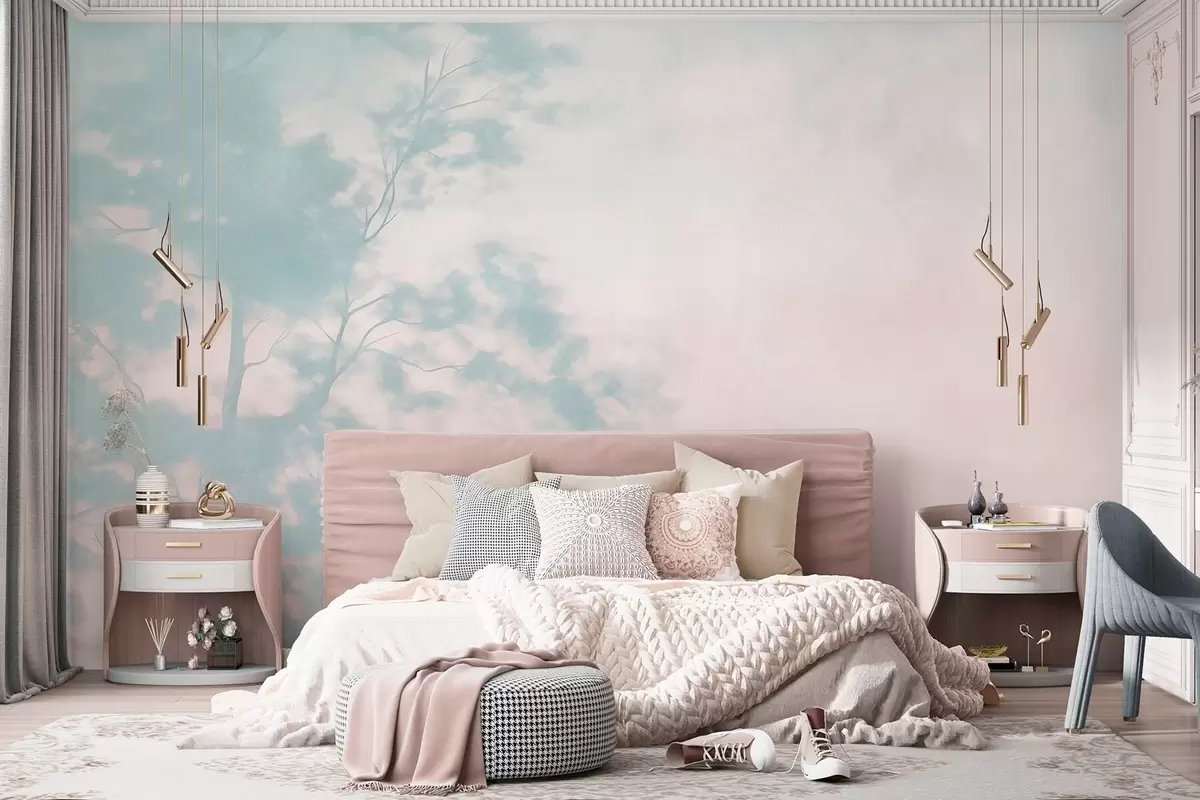 murales de pared Árbol con textura y ramas, fondo rosa pálido y turquesa, arte minimalista w10108v1