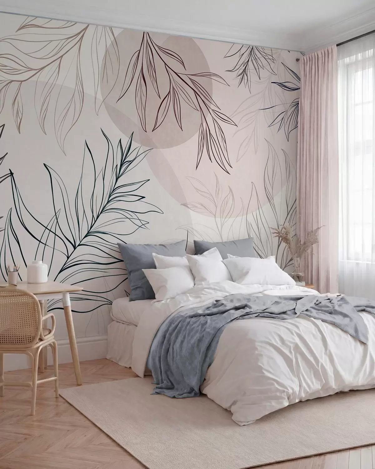 murales de pared Dibujo minimalista de hojas y follaje tropicales, con formas circulares en tonos pastel w10111