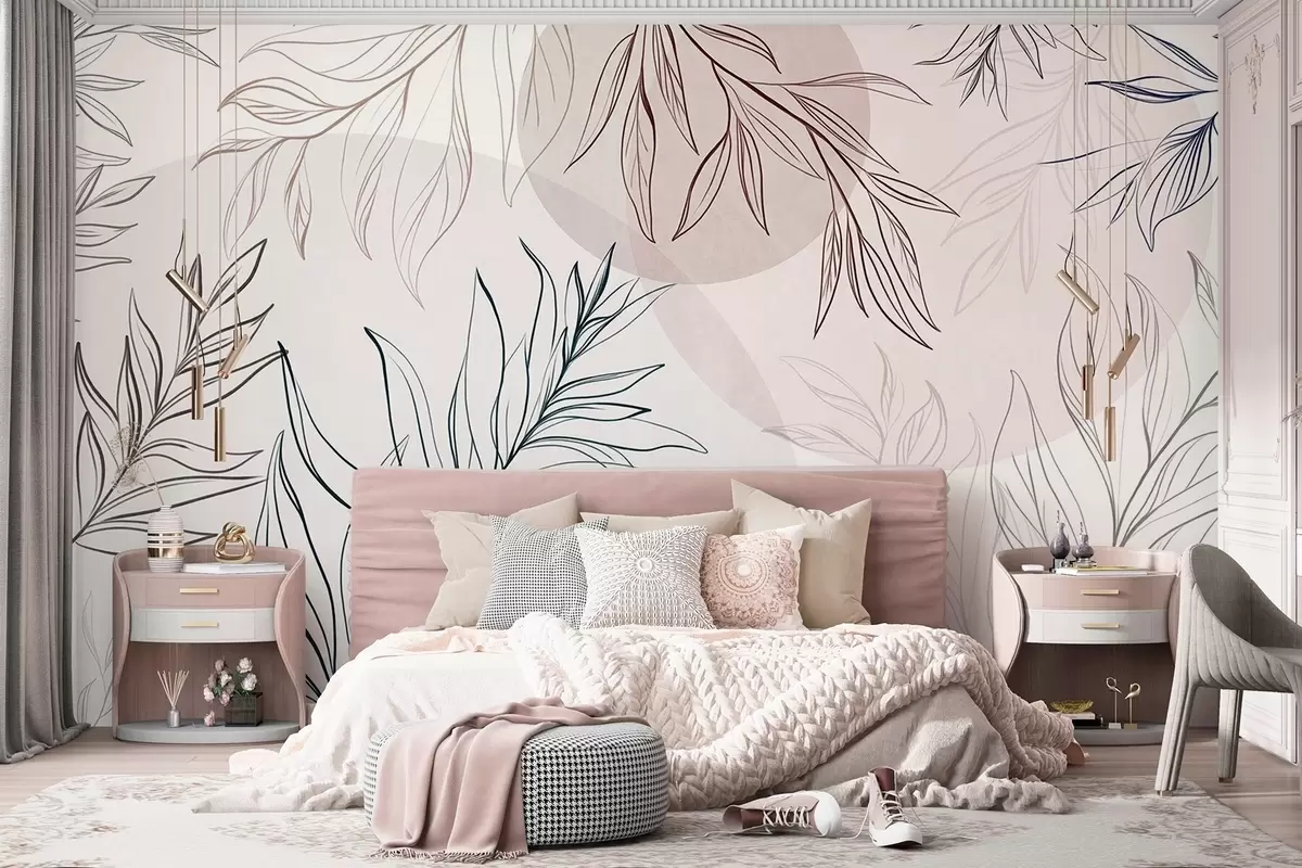murales de pared Dibujo minimalista de hojas y follaje tropicales, con formas circulares en tonos pastel w10111
