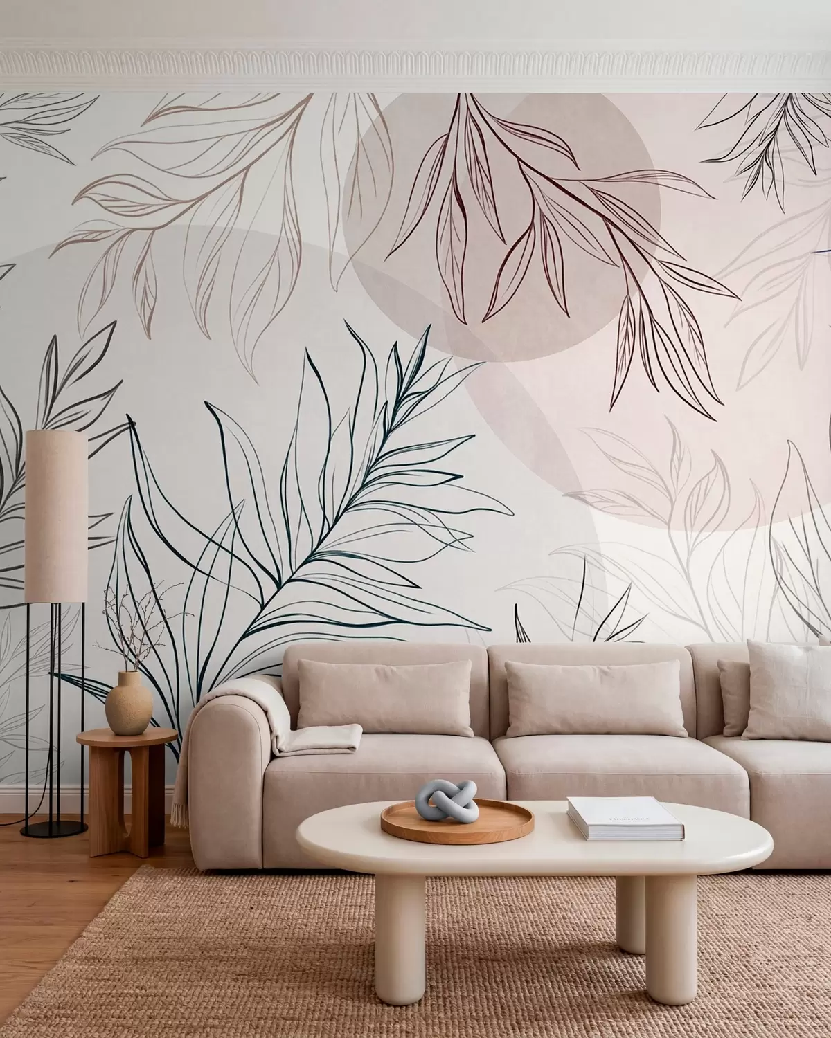murales de pared Dibujo minimalista de hojas y follaje tropicales, con formas circulares en tonos pastel w10111