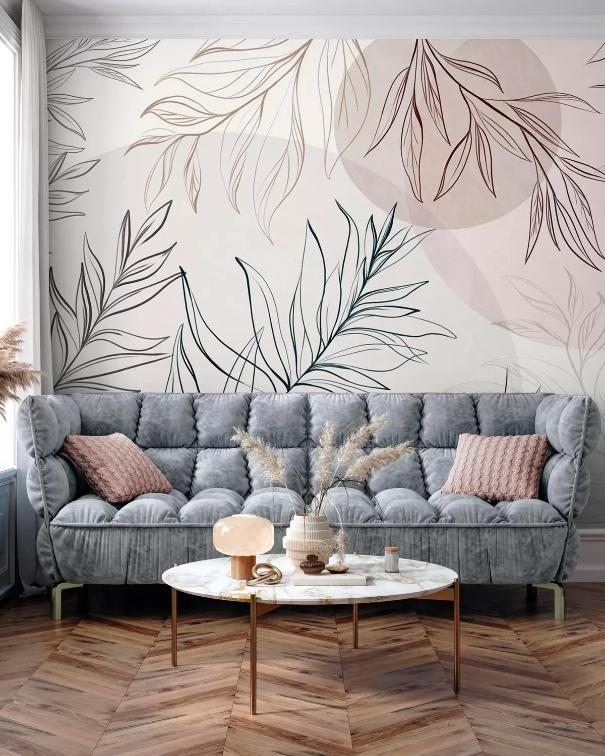 murales de pared Dibujo minimalista de hojas y follaje tropicales, con formas circulares en tonos pastel w10111