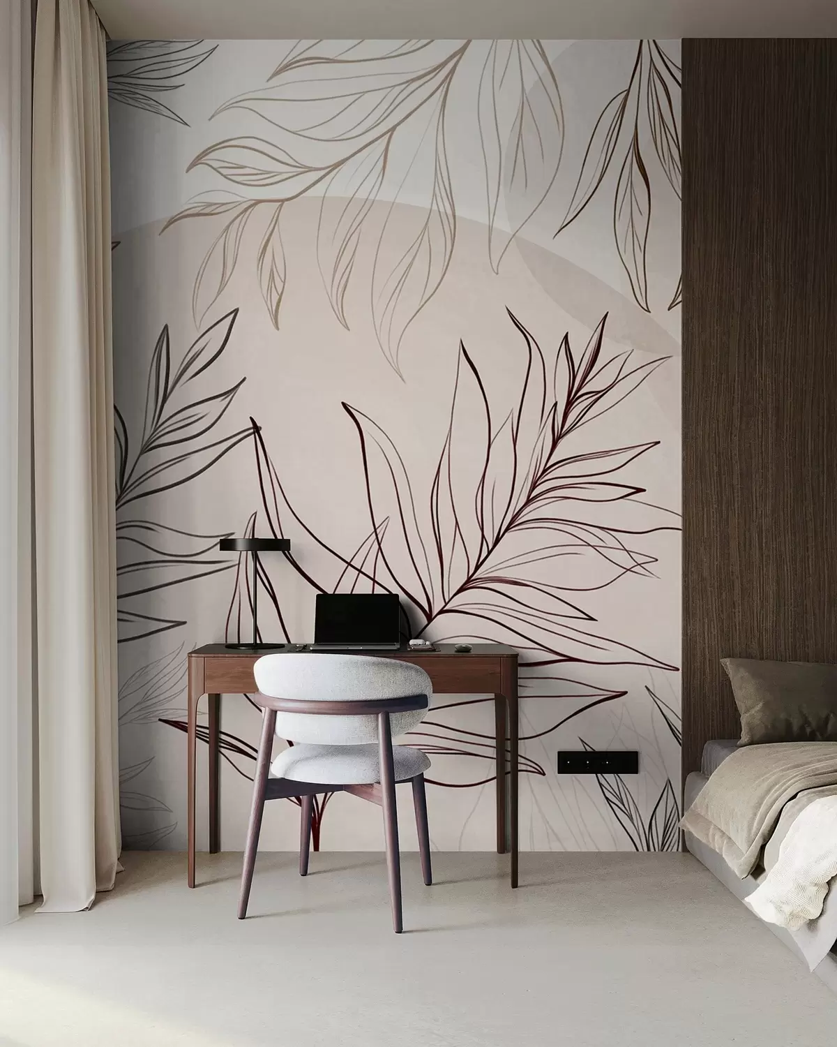 murales de pared Dibujo minimalista de hojas y follaje tropicales, con formas circulares en tonos pastel w10111v1