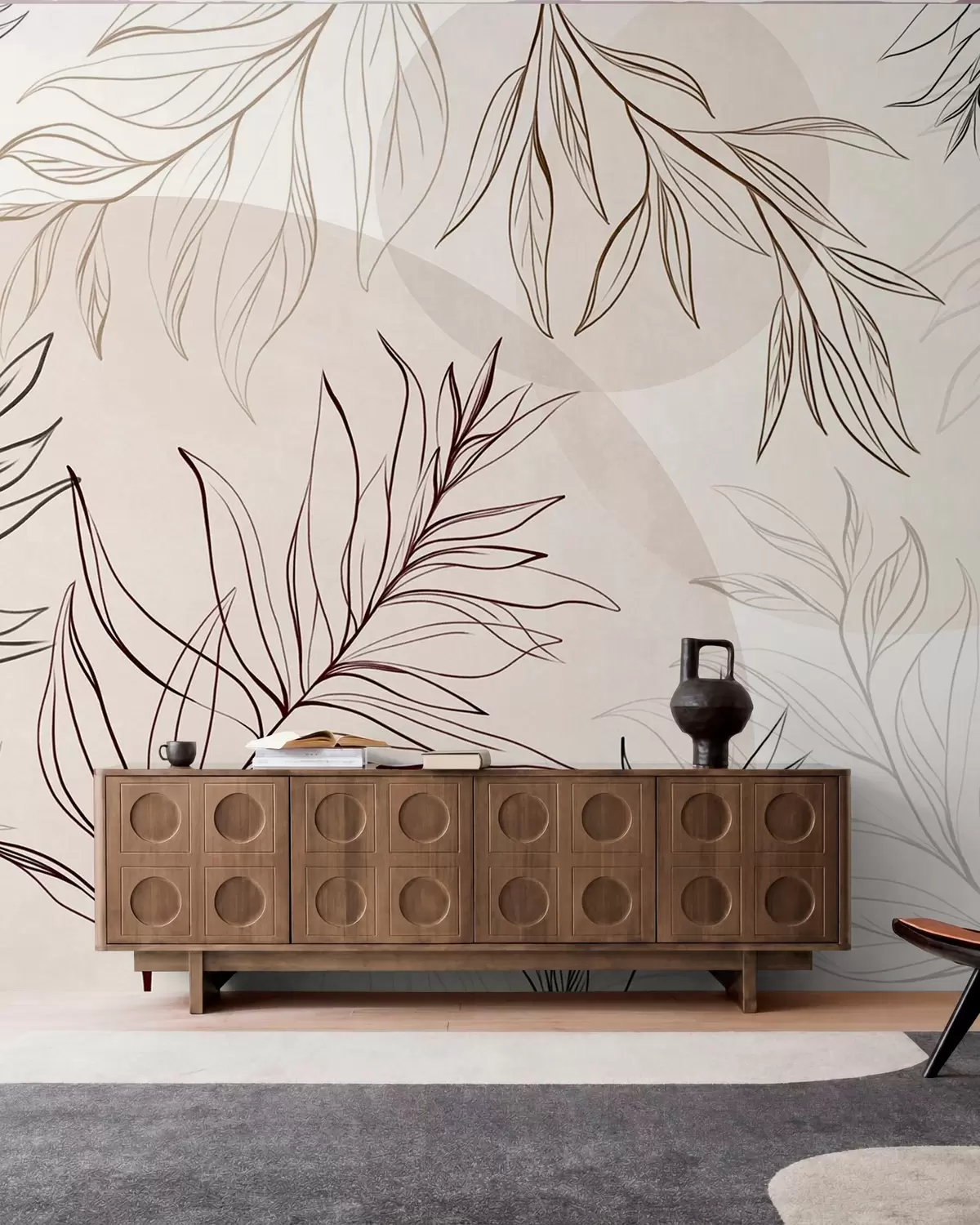 murales de pared Dibujo minimalista de hojas y follaje tropicales, con formas circulares en tonos pastel w10111v1