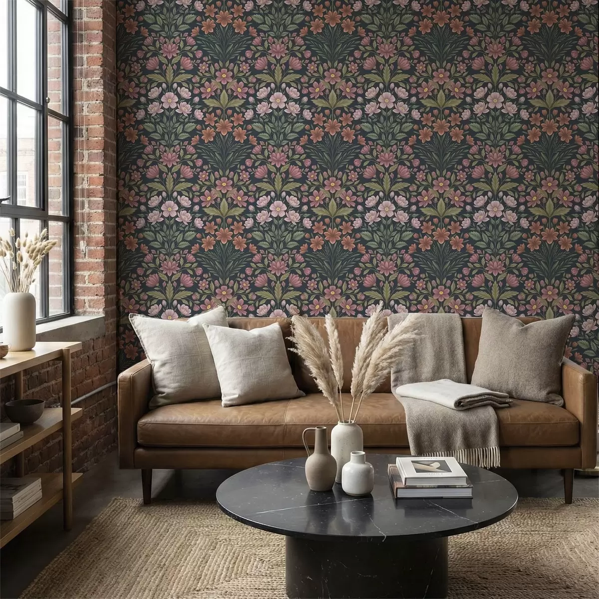 Papel pintado Flores de color rosa y terracota sobre un fondo azul oscuro a01279